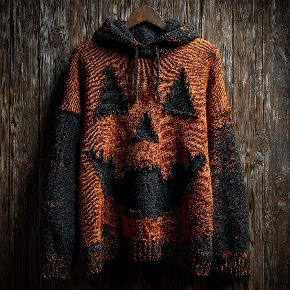 Vintage Halloween Pumpkin Face Cozy Knit Hooded Sweater artswardrobe