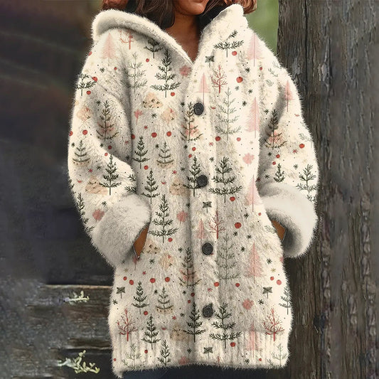 Comstylish Women's Christmas Tree Pattern Plush Warm Button-up Hooded Cardigan