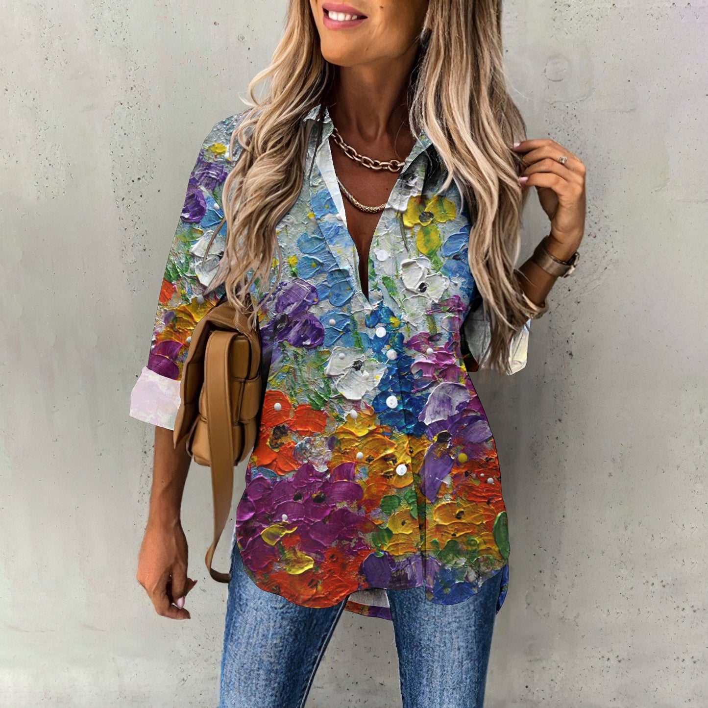 Comstylish Oil Painting Floral Pattern Women'S Shirt
