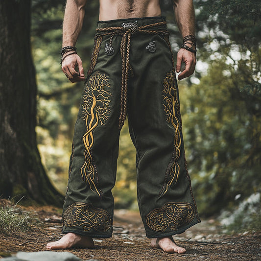 Vintage Viking Life Of Tree Embroidery Art Linen Loose Wide-leg Pants artswardrobe