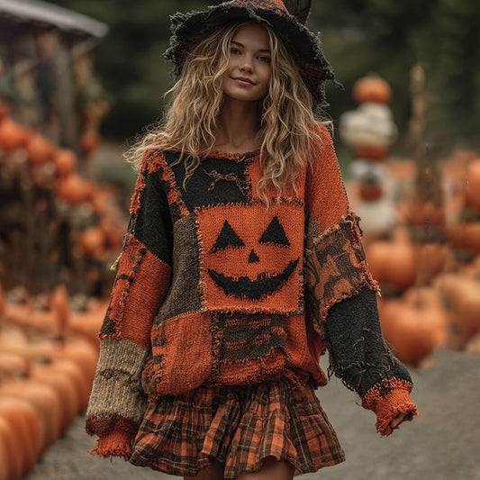 Vintage Patchwork Halloween Pumpkin Face Art Cozy Knit Sweater elevenforest