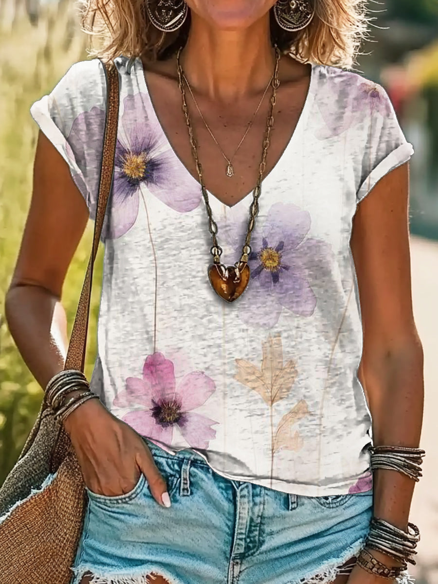 Vintage Floral Art Print 100%Cotton V-neck T-Shirt