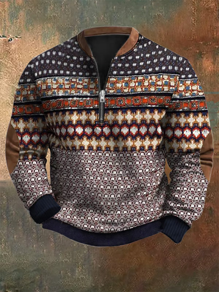Men's Vintage Textured Zipper Neck Knit Sweatshirt artswardrobe