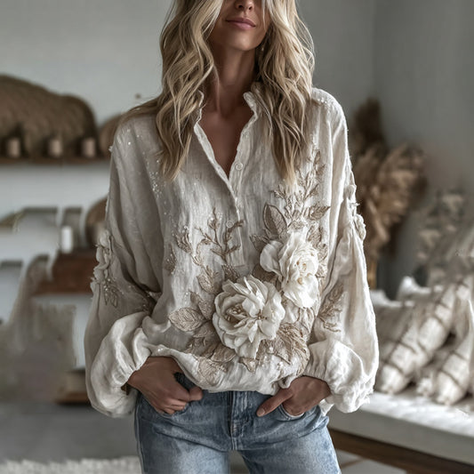 Comstylish Women's Vintage Floral Art Casual Button Shirt