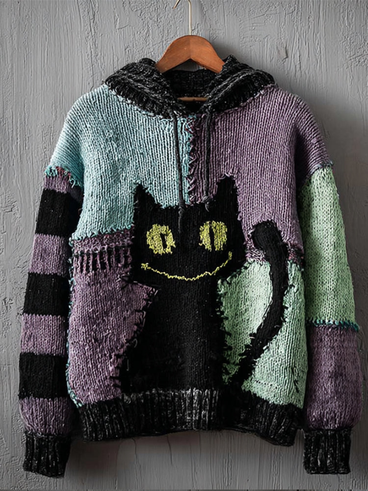 Comstylish Halloween Black Cat Patchwork Vintage Hooded Sweater