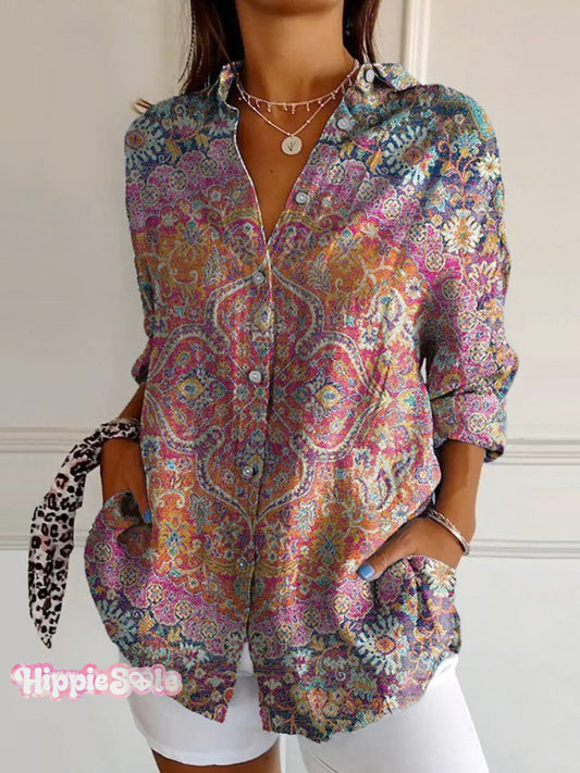 Women's Vintage Colorful Floral Totem Print Casual Cotton Shirt