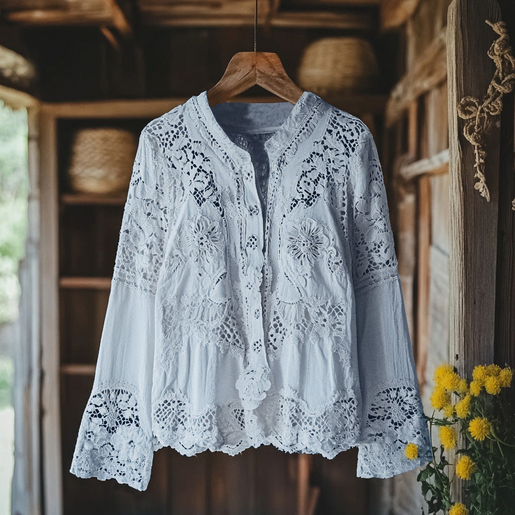 Comstylish Women's Retro Floral Lace Embroidery Art V-neck Shirt
