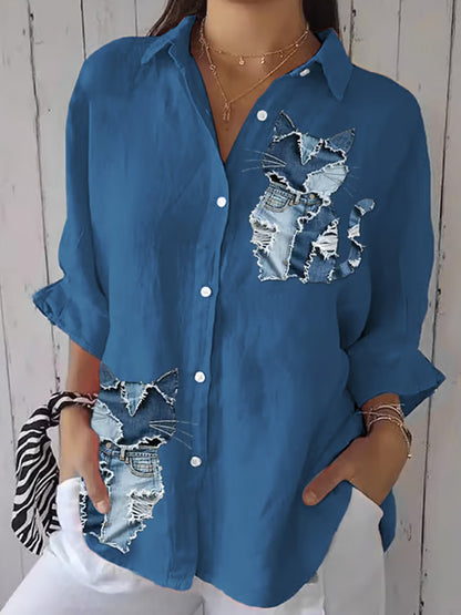 Women's Retro Funny Denim Patch Animal Cat Print Casual Shirt elevenforest