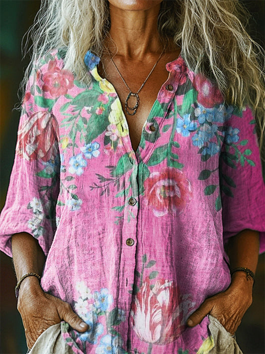 Women's Floral Pattern Art Print Casual Cotton Linen Shirt