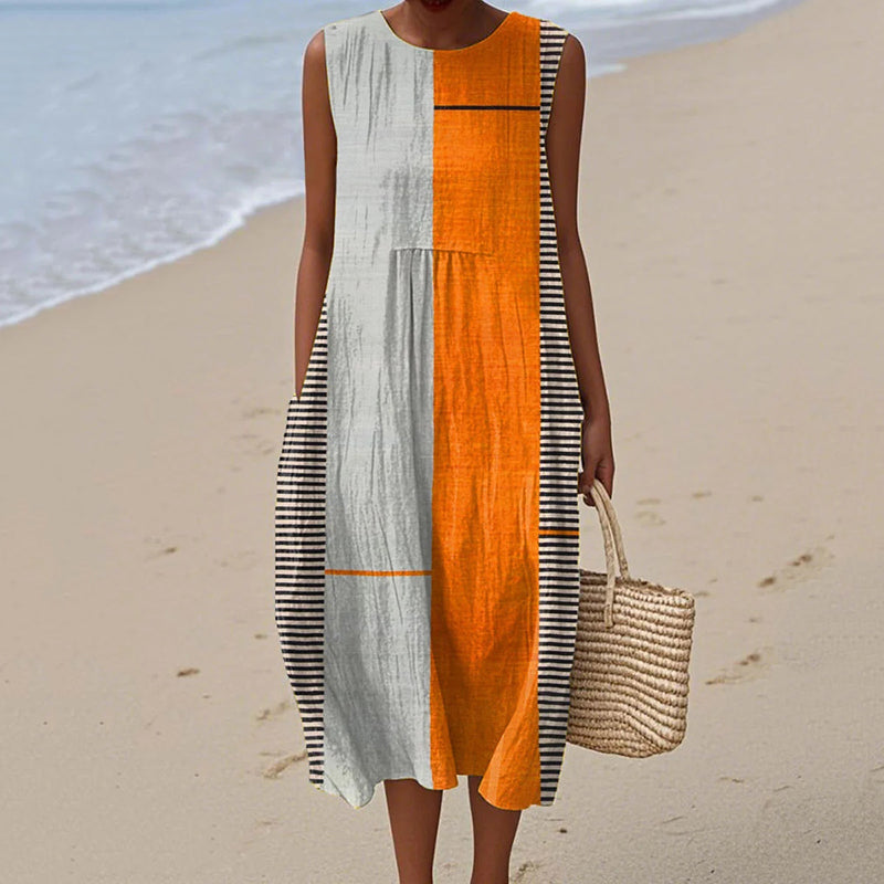 Women's Vintage Abstract Geometric Art Print Linen Vest Dress artswardrobe