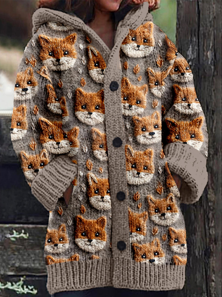 Cute Fox Knitted Cozy Hooded Cardigan artswardrobe