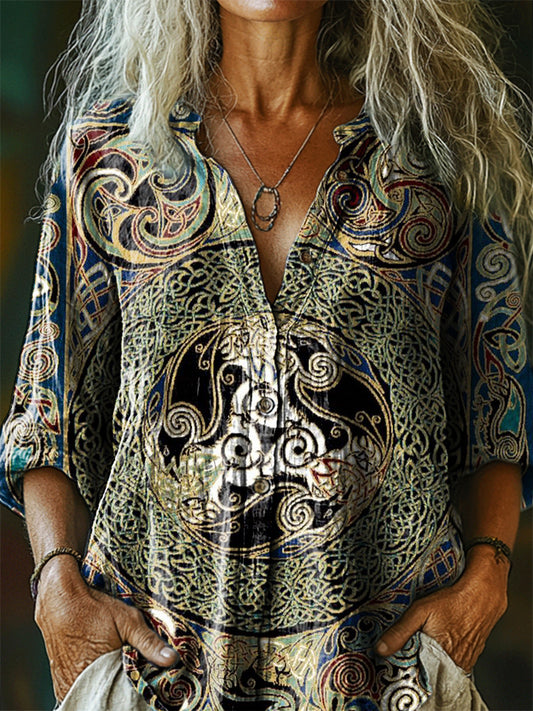 Women's Celtic Art Print Casual Cotton Linen Shirt