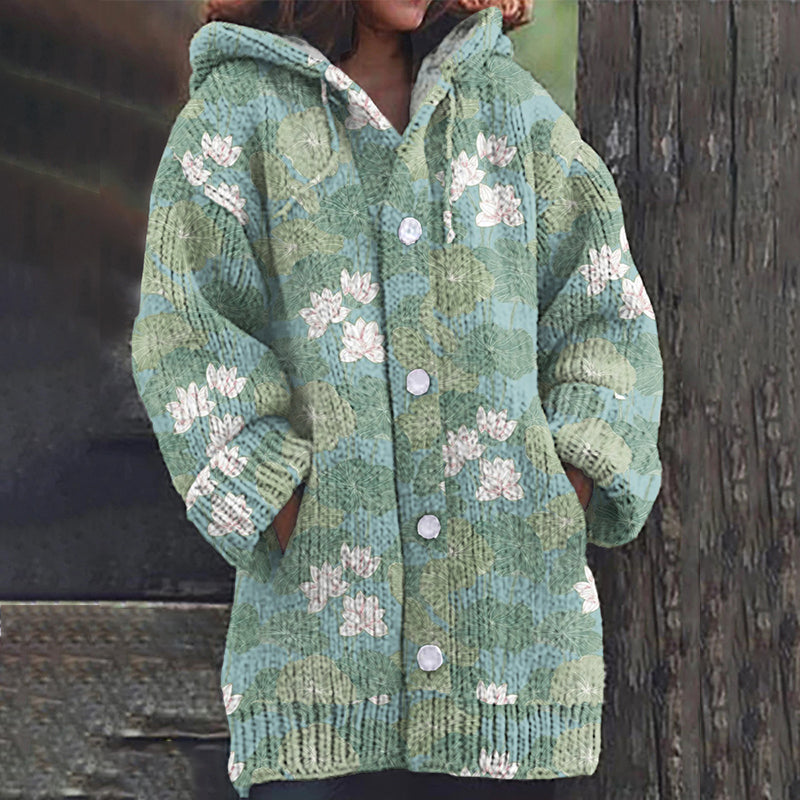 Comstylish Water Lily Art Pattern Print Women's Cardigan Sweater