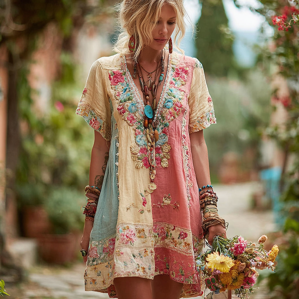Women's Retro Floral Short Sleeve Dress artswardrobe
