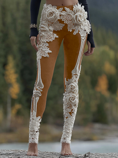 Vintage Halloween Skeleton Bones With Rose Art Cozy Knit Leggings artswardrobe