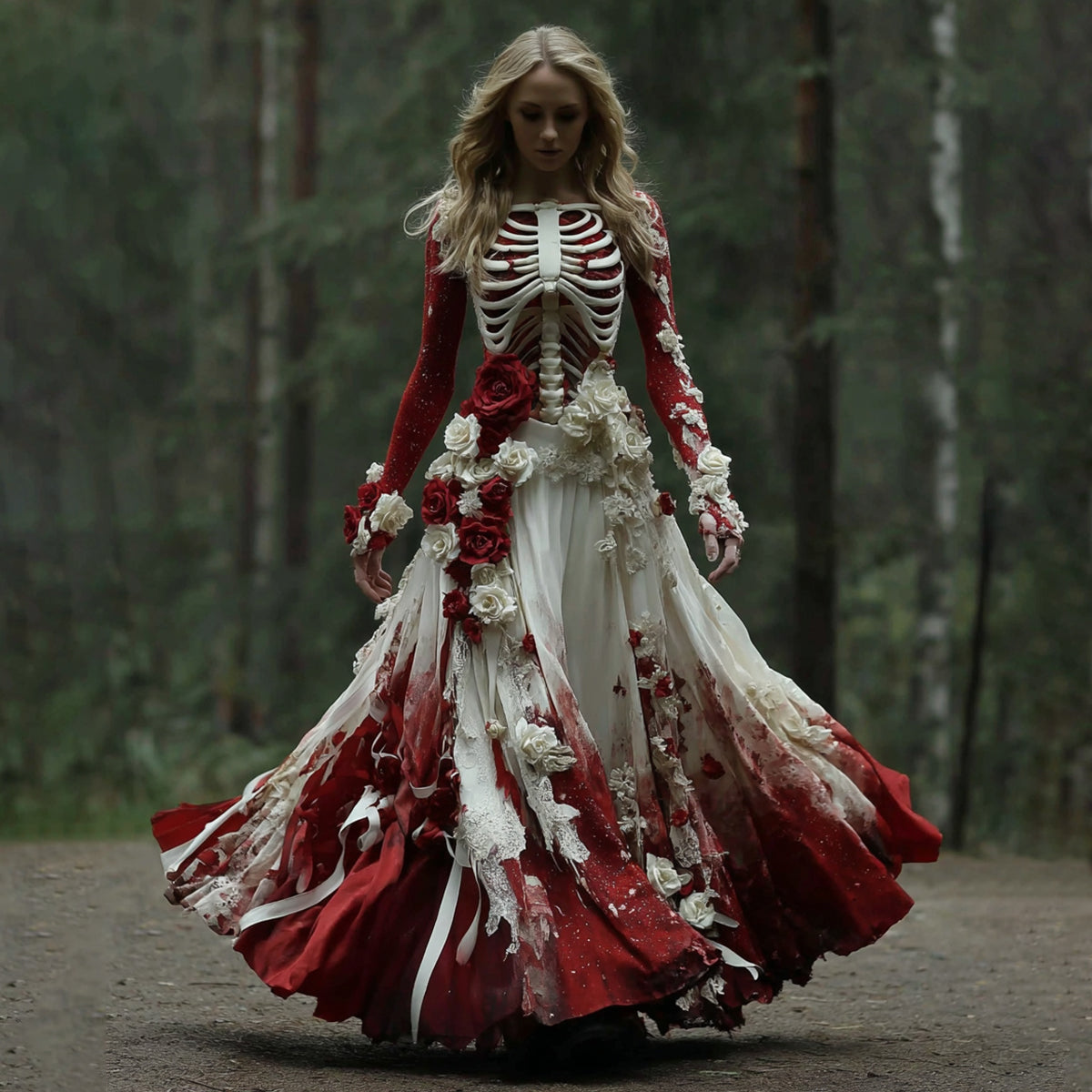 Comstylish Halloween Vintage Skeleton Rose Art Maxi Dress