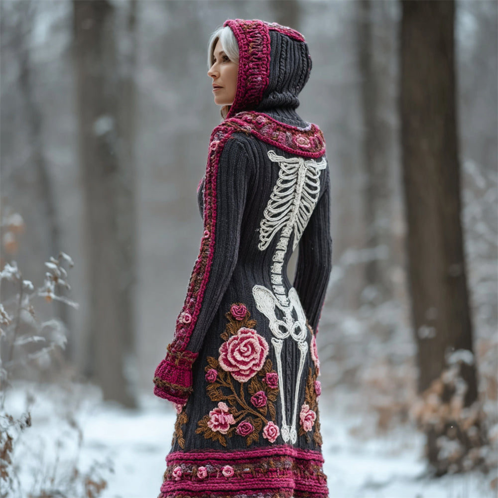 Retro Floral & Skeleton Women's Knit Hooded Sweater Dress artswardrobe