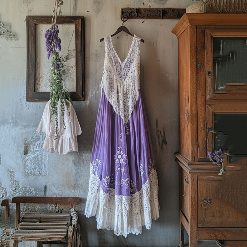 Boho Lavender Embroidered Gradient Lace Patchwork Linen Dress artswardrobe