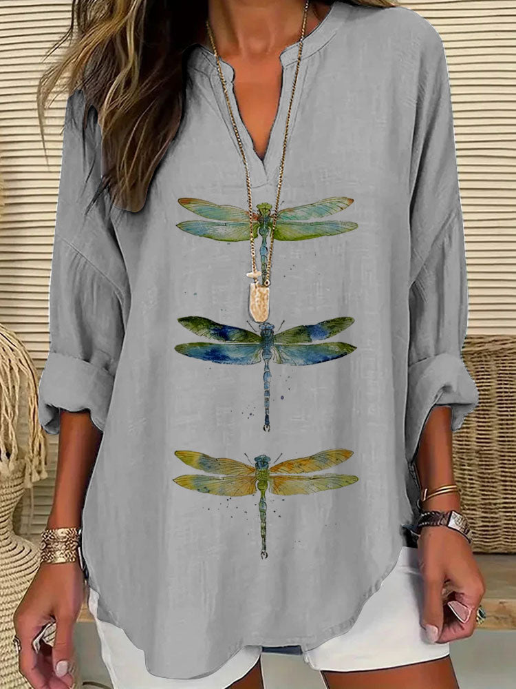 Comstylish Women's Dragonfly Print Casual Shirt