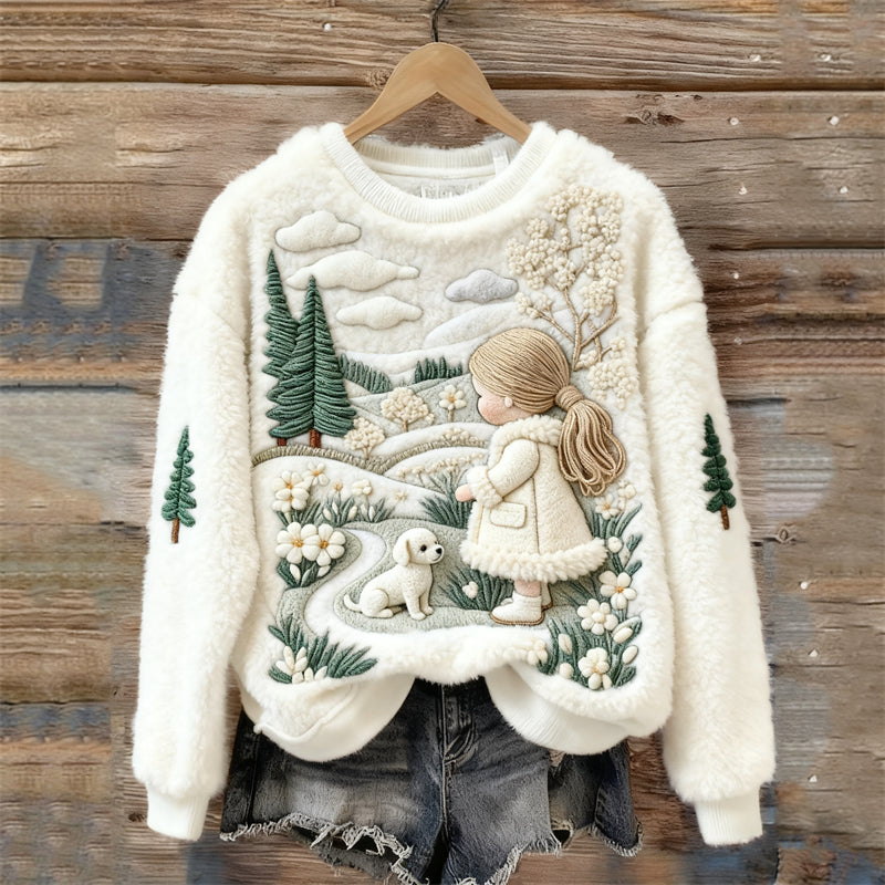 Little Girl & Dog Winter Forest Landscape Cozy Plush Sweatshirt