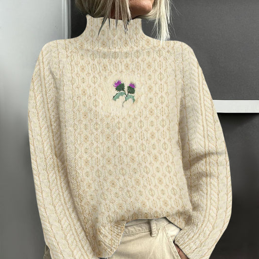 Vintage Scottish Thistle Embroidery Cozy Aran Sweater artswardrobe