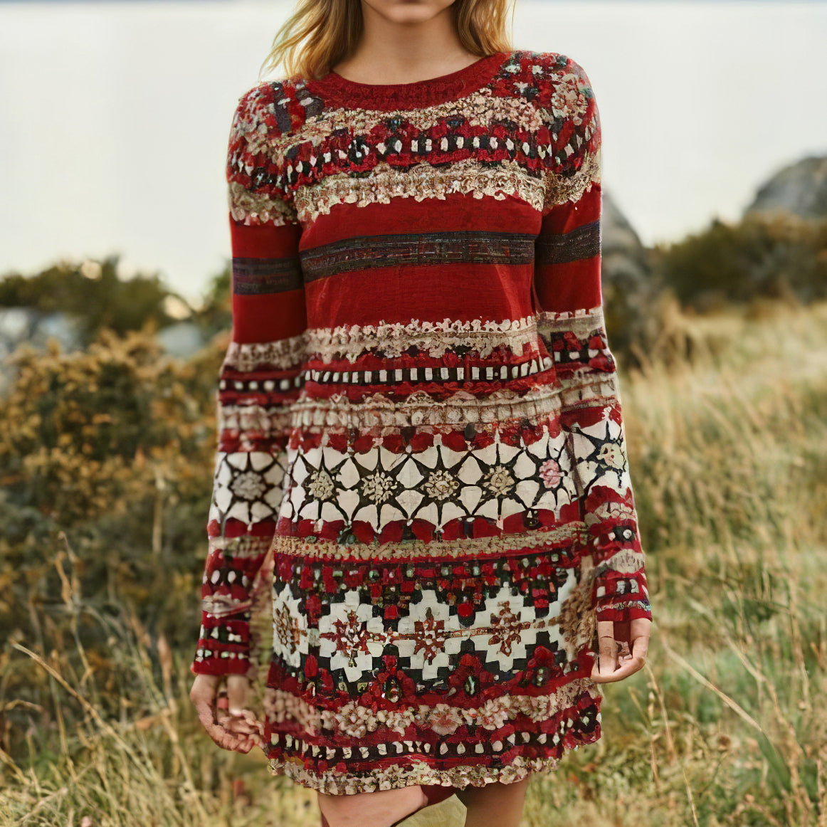 Geometric Floral Print Knitted Christmas Midi Dress artswardrobe