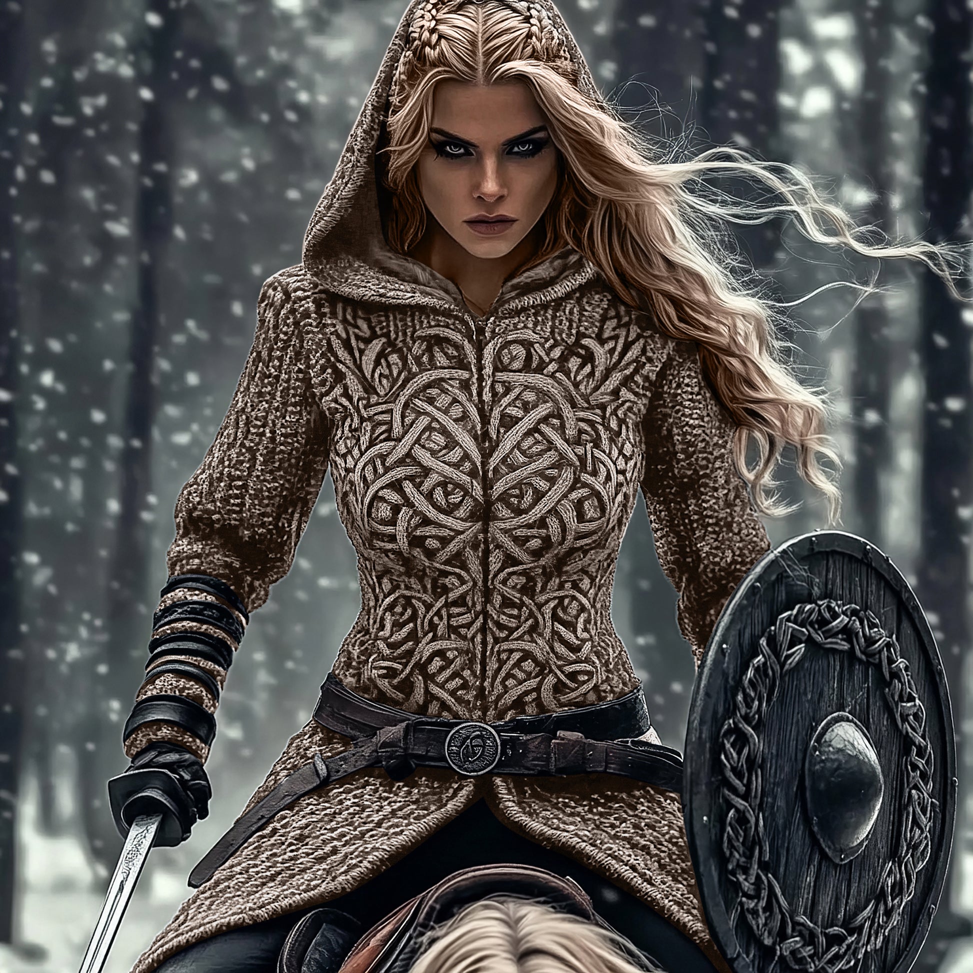 Women's Viking Tribal Jacquard Celtic Chunky Knit Zip-up Hooded Sweater artswardrobe