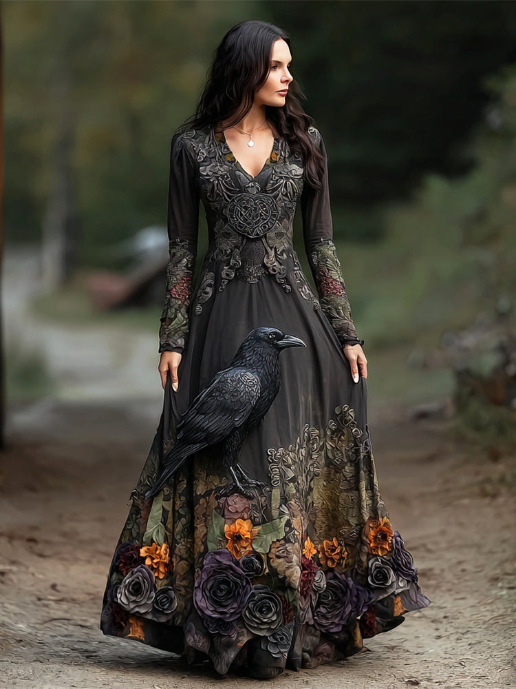 Comstylish Halloween Crow & Rose Dark Witch Art Women's V-neck Long-sleeve Maxi Dress