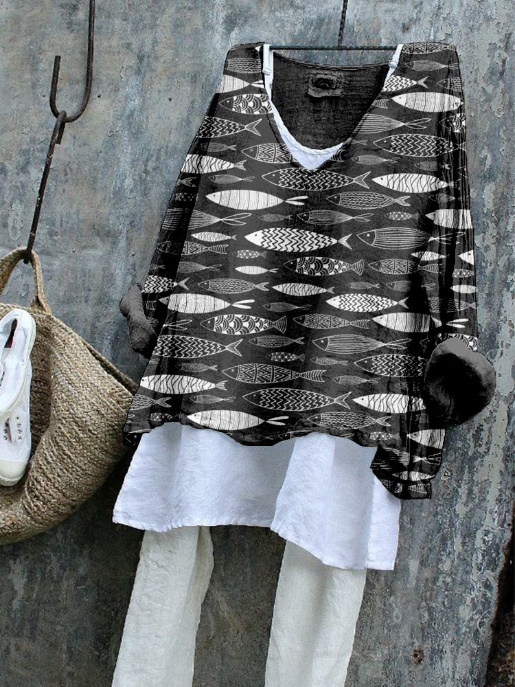 Comstylish Vintage Fish Art Pattern Linen Blend Flowy Tunic