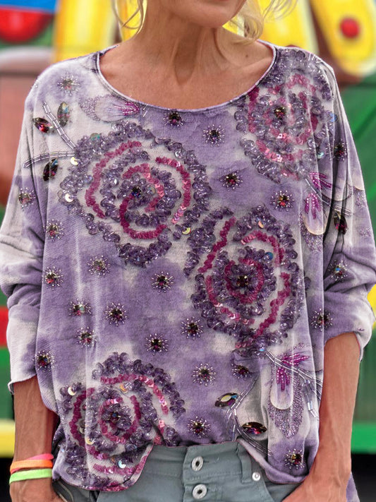 Women's Floral Texture Art Pattern Print Casual Long Sleeve T-shirt