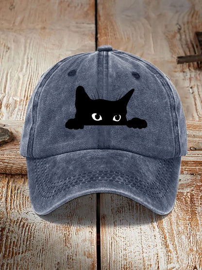 Comstylish Unisex Washed Cotton Bend Casual Black Cat Print Hat
