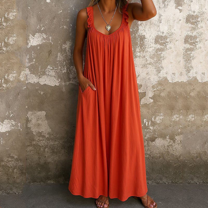 Casual U Neck Ruffle Cami Maxi Dress artswardrobe