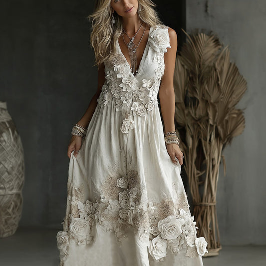 Women's Vintage White Rose Embroidered V-neck Tank Maxi Dress artswardrobe
