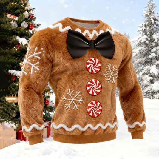 Comstylish Men's Christmas Gingerbread Pattern Plush Sweatshirt