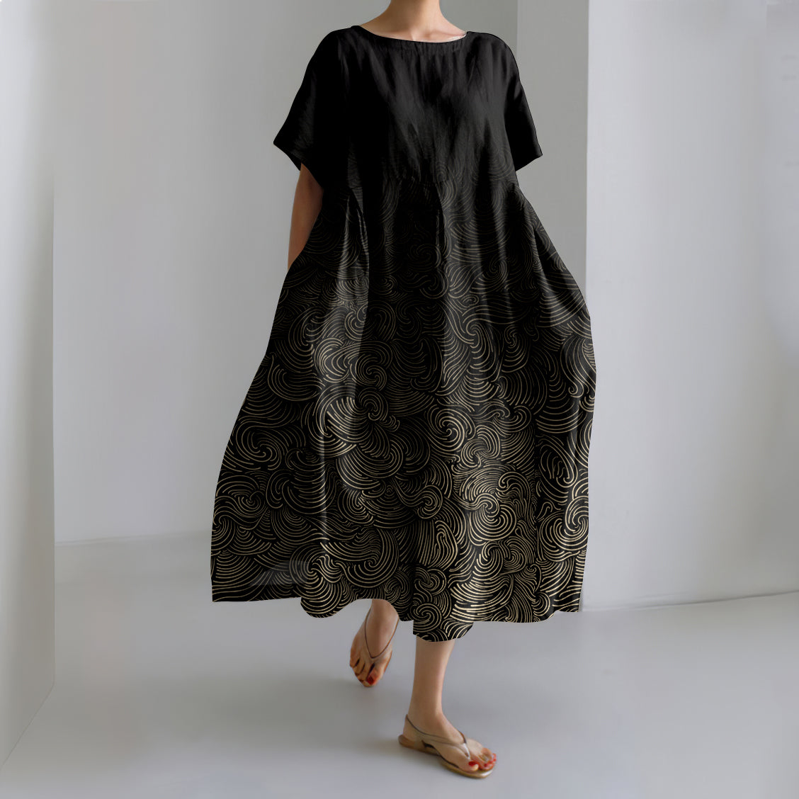 Comstylish Vintage Waves Print Short Sleeve Linen Blend Maxi Dress