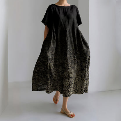 Comstylish Vintage Waves Print Short Sleeve Linen Blend Maxi Dress