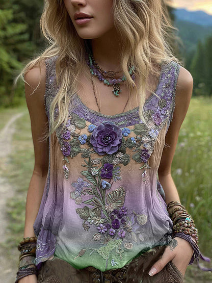 Vintage Classy Gradient Purple Lavender And Floral Embroidered Pattern Linen Tank Top artswardrobe