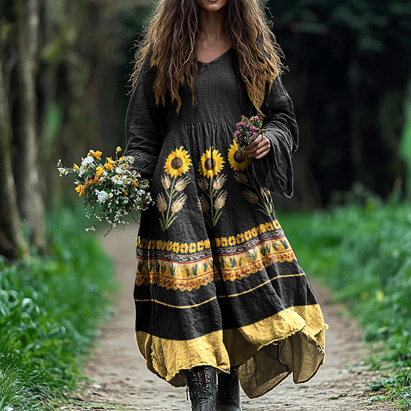 Boho Vintage Ukrainian Sunflower Art Inspired Linen Blend Maxi Dress artswardrobe