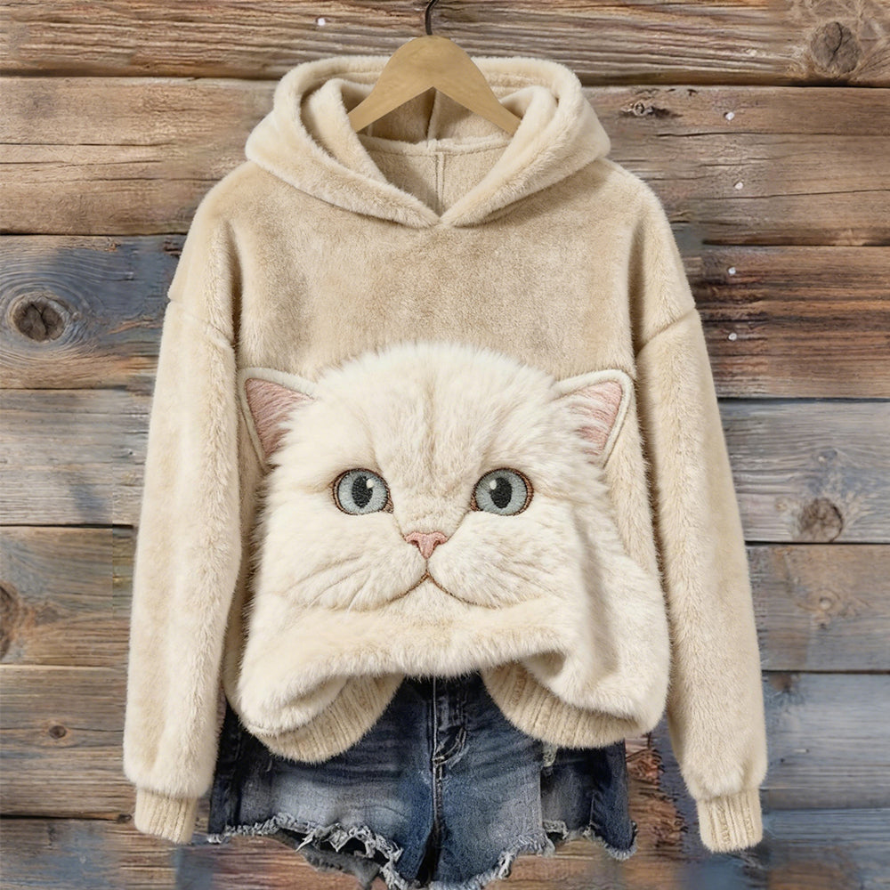 Comstylish Cute Fuzzy Cat Embroidered Cozy Plush Hoodie