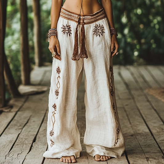 Vintage Bohemian Floral Ethnic Art Printed Cotton Linen Wide Leg Pants artswardrobe