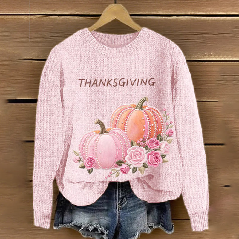 Women's Pink Floral Pumpkin Embroidered Knit Print Sweater artswardrobe