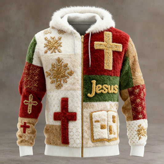 Comstylish Men's Christmas Faith Jacquard Plush Warm Zip-up Hoodie