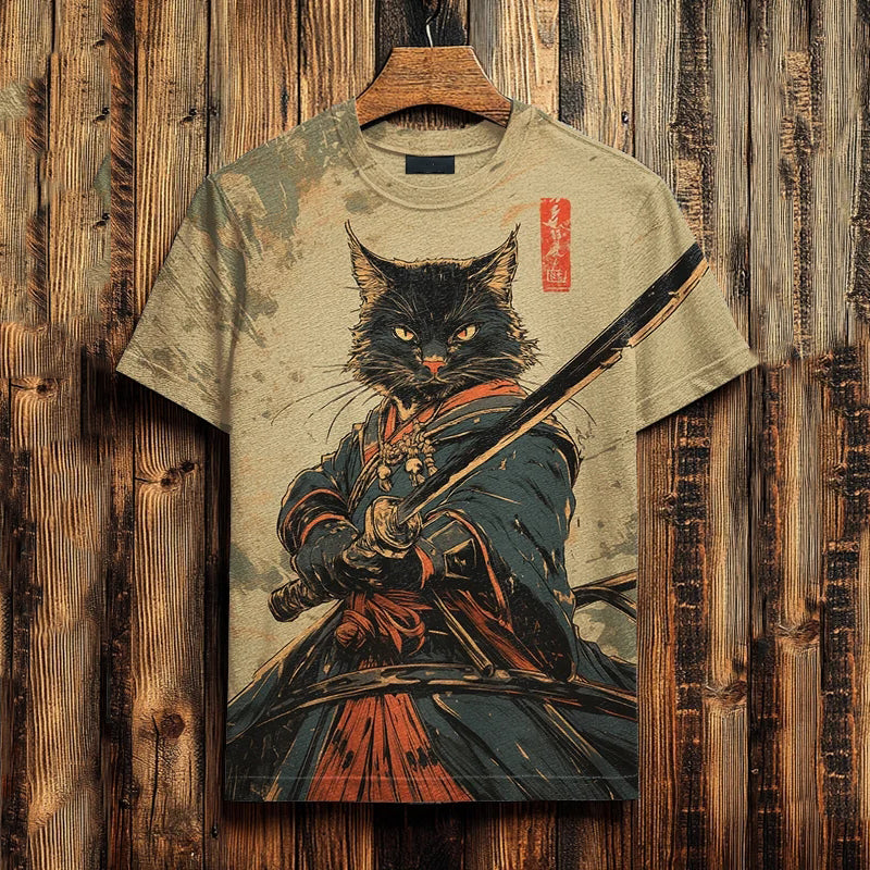 Men's Black Cat Samurai Japanese Art Print Casual T-shirt elevenforest