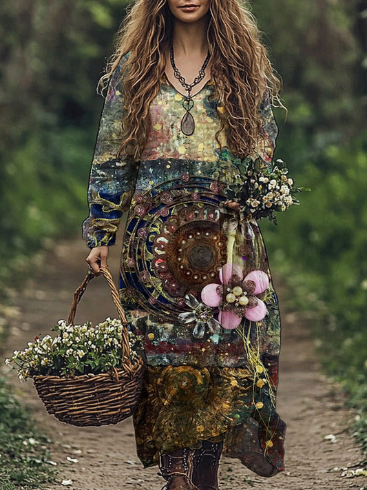 Western Vintage Floral Pattern Women's Flowy Maxi Dress artswardrobe