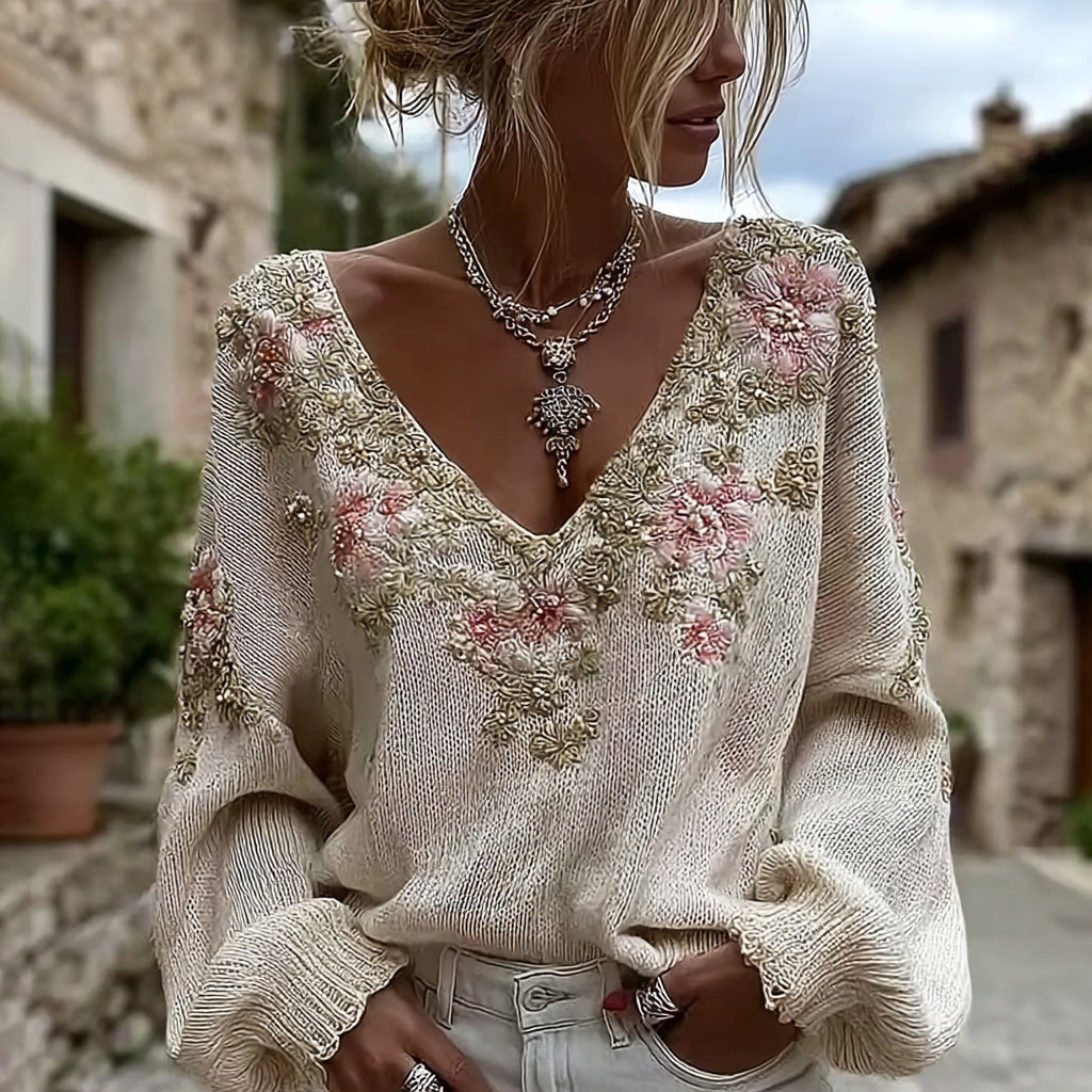 Women's Vintage Pink Flowers Art V-neck Cozy Knit Sweater