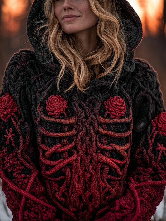 Comstylish Vintage Bones & Roses Gradient Chunky Hooded Sweater