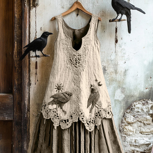 Women's Tribal Raven Embroidery Celtic Lace Art Tank Dress artswardrobe