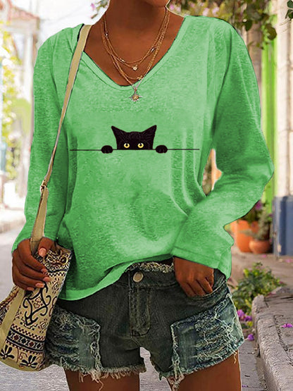 Comstylish Women's Casual Funny Black Cat Print T-shirt