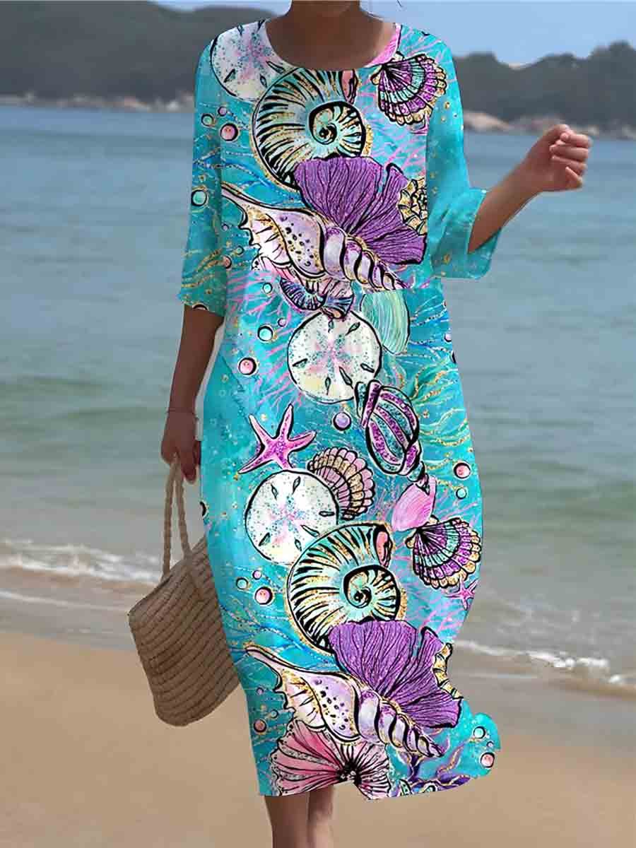 Women's Seaside Underwater World Print Resort Style Dress