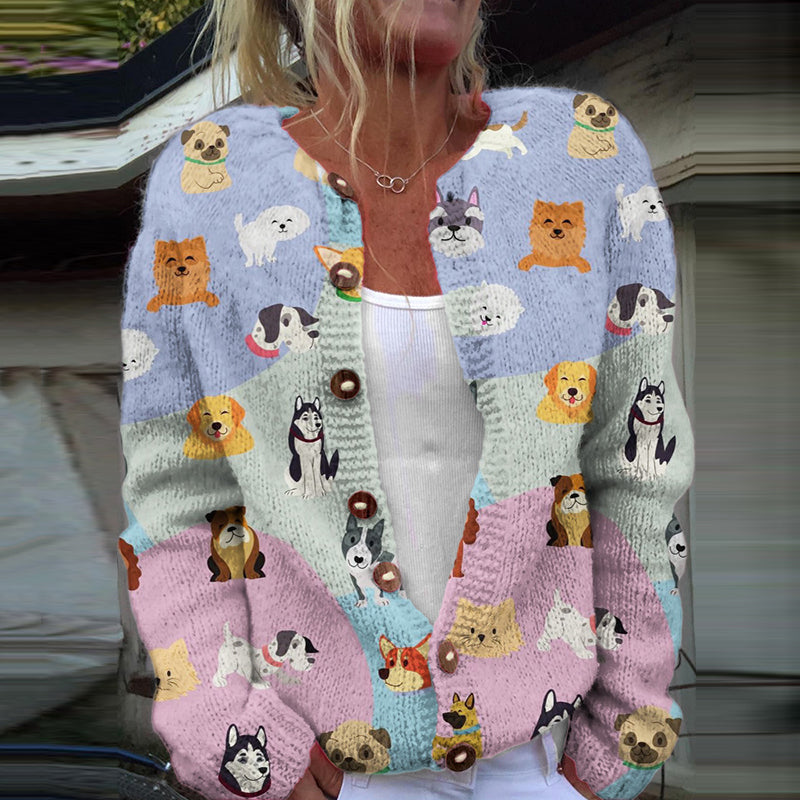 Comstylish Cute Dog Art Print Long Sleeve Knit Cardigan
